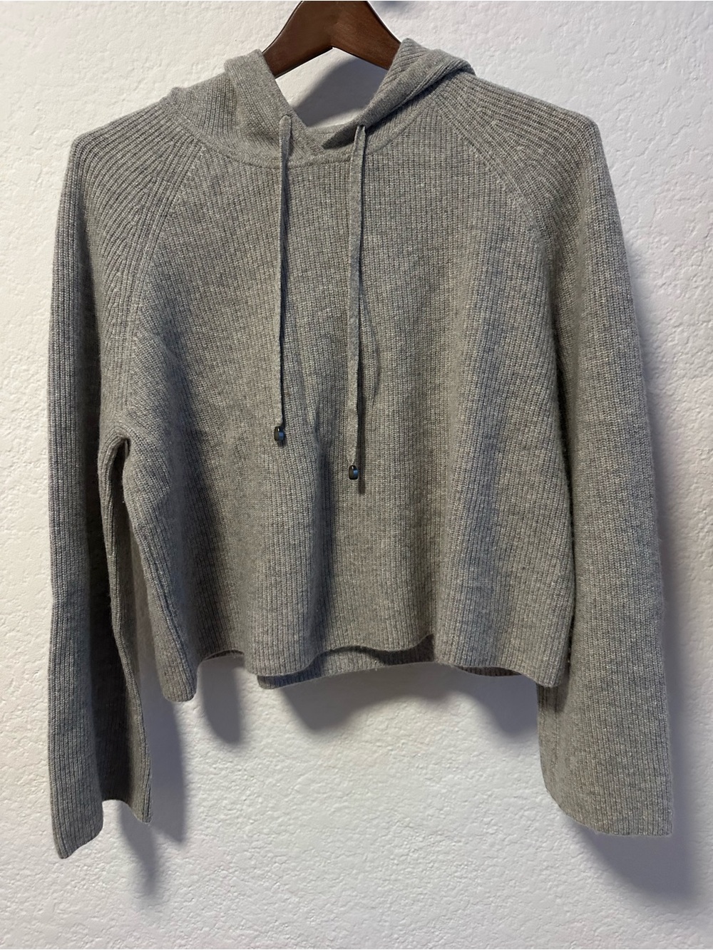 100% cashmere Gray Hooded Ribbed Knit Women's Sweater